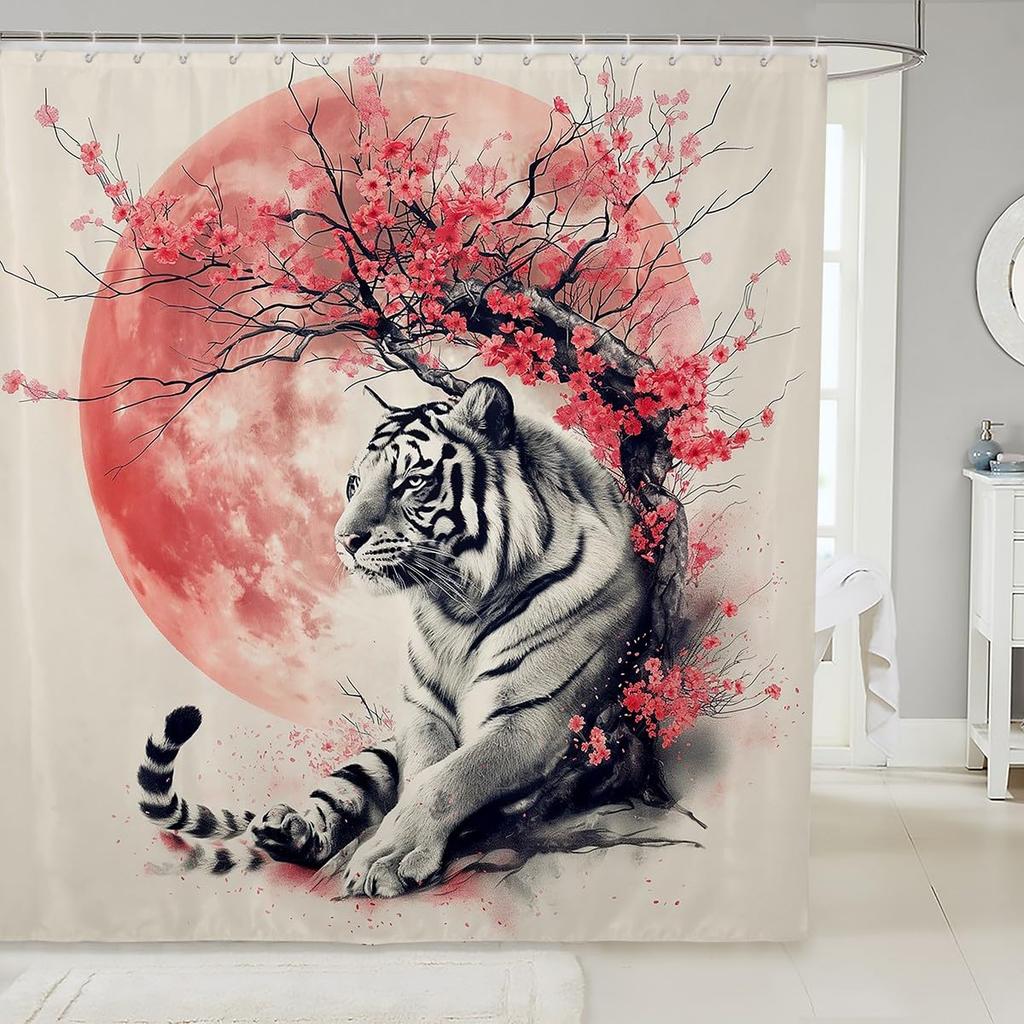 Sakura Tiger Shower Curtain Japanese Ukiyo Watercolor Red Sun Wild Animal Floral Kids Adult Bathroom Decor Hooks