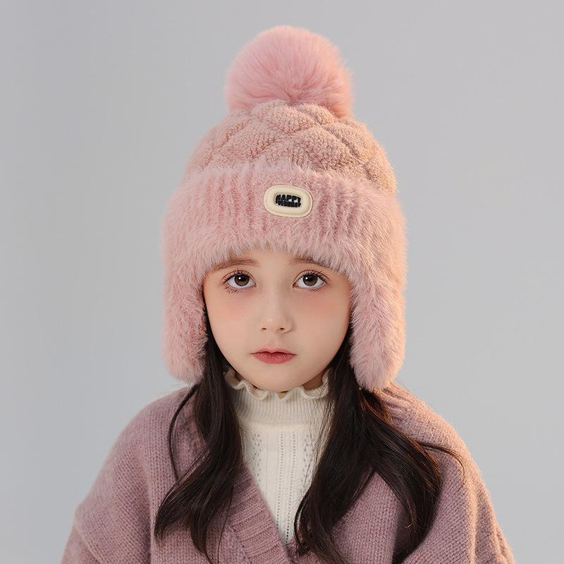 Kids' Thick Plush Knit Hat, Windproof & Cozy for Autumn/Winter, New Style Lei Feng Design for Boys & Girls