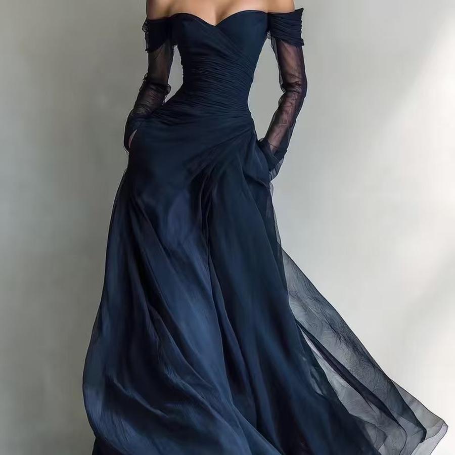 Новое Элегантное Сетчатое Платье с Открытыми Плечами, Длинное, Вечернее, Для Вечеринки, С Высокой Талией S синий