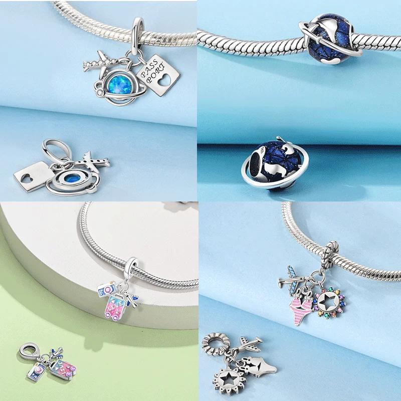 Original Copper Charms Earth Plane Ticket Suitcase Camera Beads Pendant Fit Bracelet Diy Fine Women Jewelry Gift