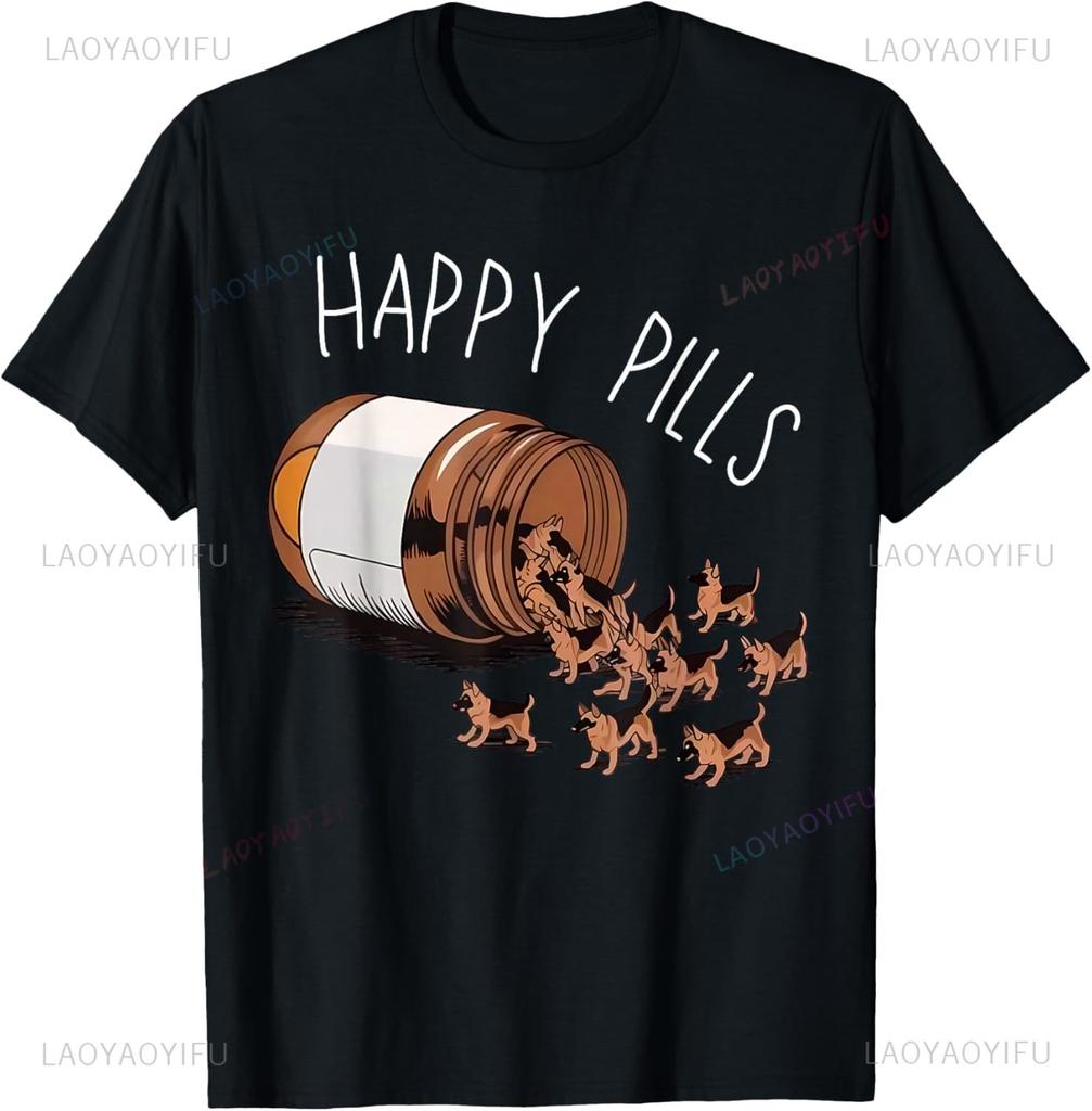 Happy Pills German Shepherd Dog Lovers T-Shirt Print Original Design Gifts T Shirts Funny Shirt Y2k Harajuku Ropa Hombre