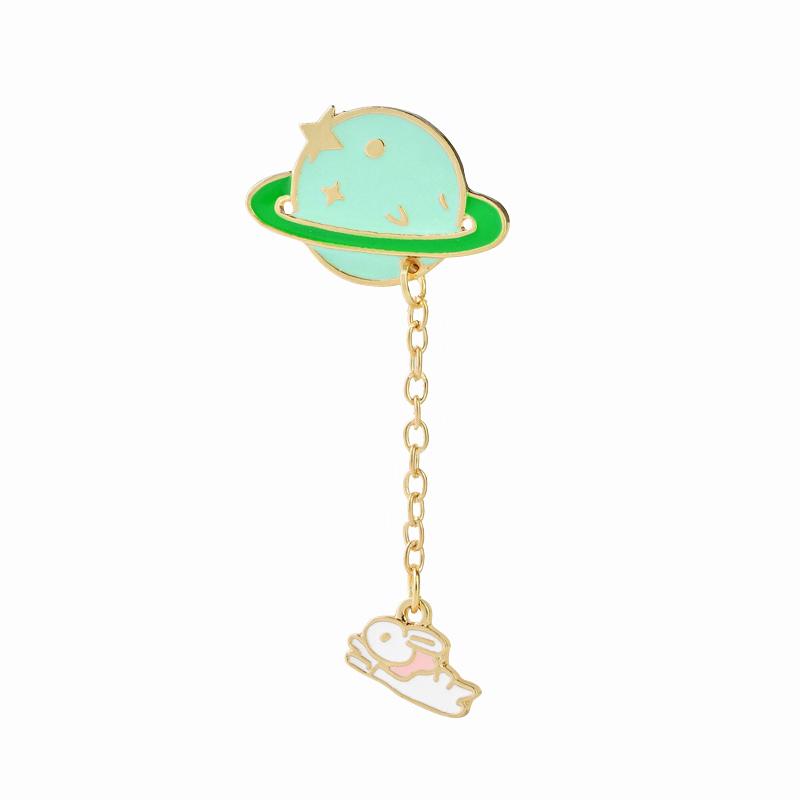 Earth Face Rabbit Long Chain Enamel Brooches Golden Bunny And Space Shaped Lapel Pins
