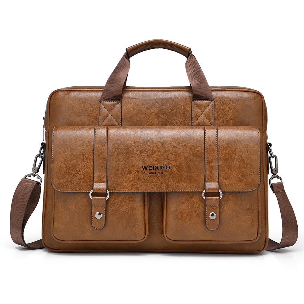 WEIXIER Men's Leather Briefcase 15.6 Inch Laptop Computer Bag Large Satchel Messenger Crossbody Shoulder Bag for Office Business Adjustable Strap