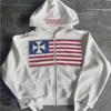 LUXEON Mode Américaine Streetwear Gothique Drapeau Strass Brodé Fermeture Éclair Sweat à Capuche Y2k Assemblage Surdimensionné Lâche Sweat en Coton