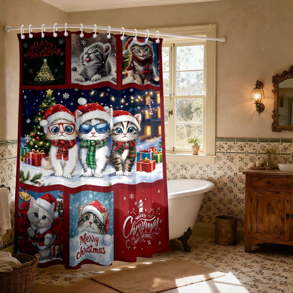 1Pc Christmas Cute Kitten Printed Waterproof Shower Partition Privacy Curtain 12 Hook Multi Size Decoration Machine Washable