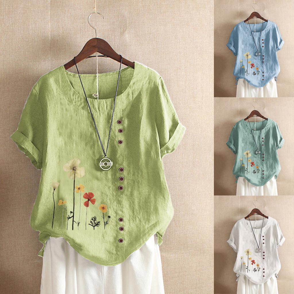Women Casual Plus Size Printed Loose Button Tunic Shirt Blouse Tops
