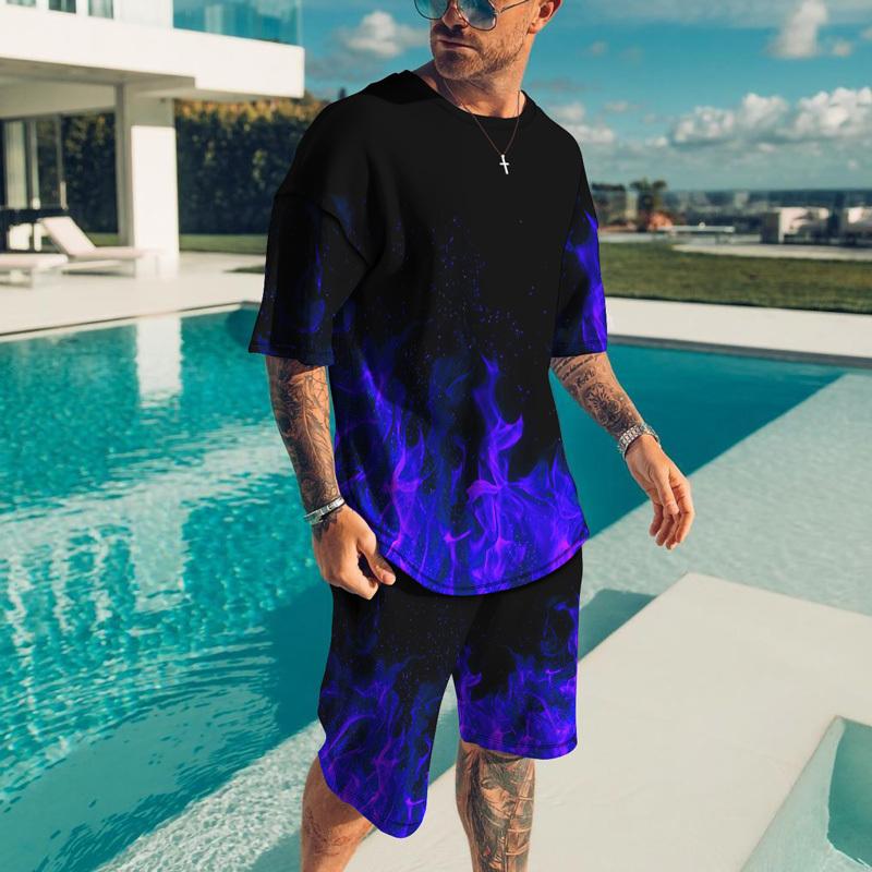 Männer Sets Kausalen Rundhals Flamme Drucken T-shirt Shorts Sport Lauf Anzug männer Shirts Trainingsanzüge Kurzarm Sportswear Mann