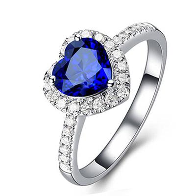 European and American Silver-plated Jewelry, Blue Heart-shaped Sapphire Ring for Women, Colored Gemstone Ring