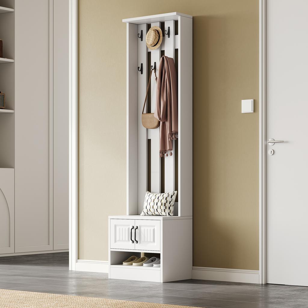Panca portascarpe, armadietto per scarpe, mobili per corridoio, con 2 ante, con pannello posteriore con 8 ganci, bianco, L50/P36/A190cm(L×P×A)