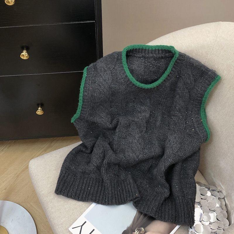 

Цветной блок с круглым вырезом и узором «жареное тесто» вязаный жилет для женщин осень и зима свободный вязаный жилет 2XL