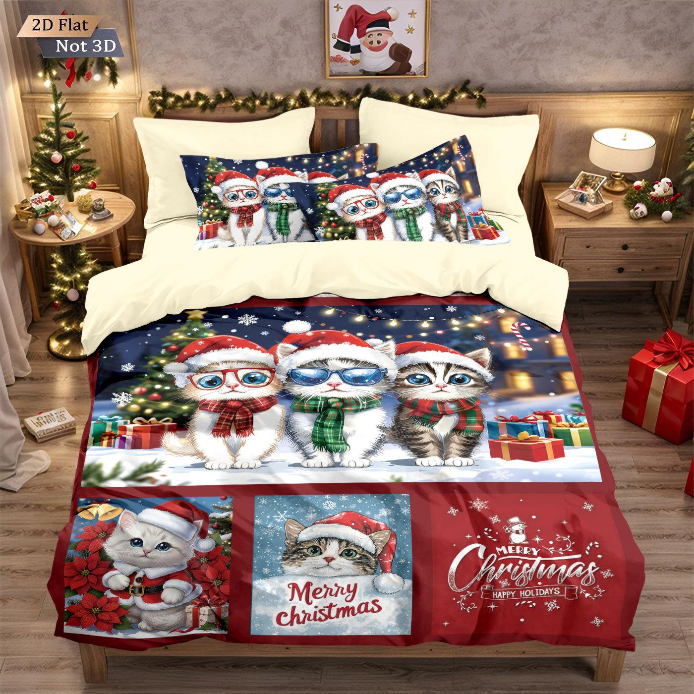 

Christmas Cat Quilt Cover Cartoon Cat Digital Printing Autumn And Winter Polished Bedding Three-Piece Home Textile 135x200cm