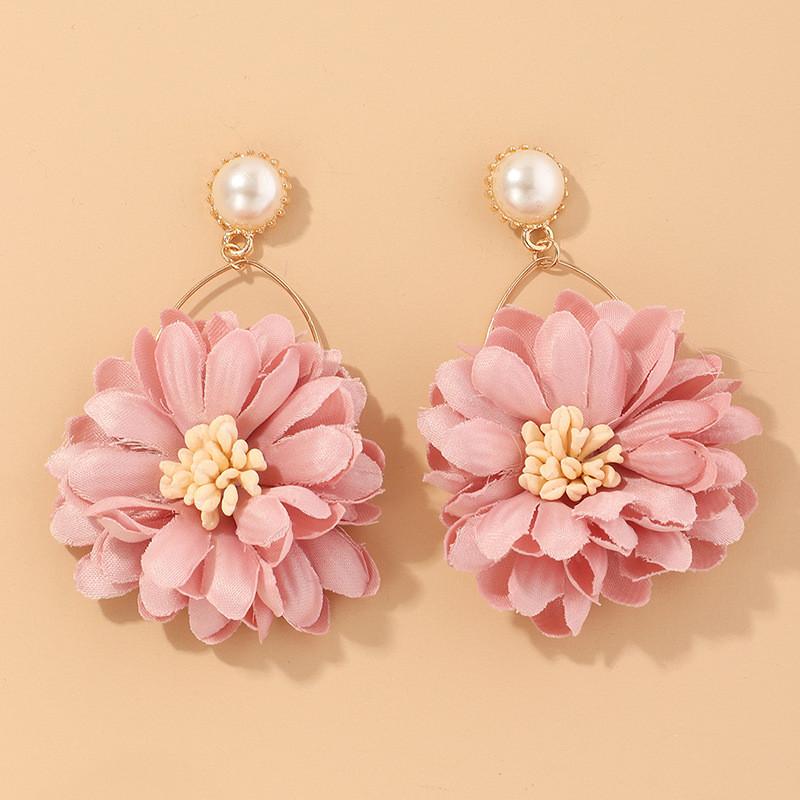 Fashion Fabric Flower Earrings With Pearl Dangles For Casual Daily Wear