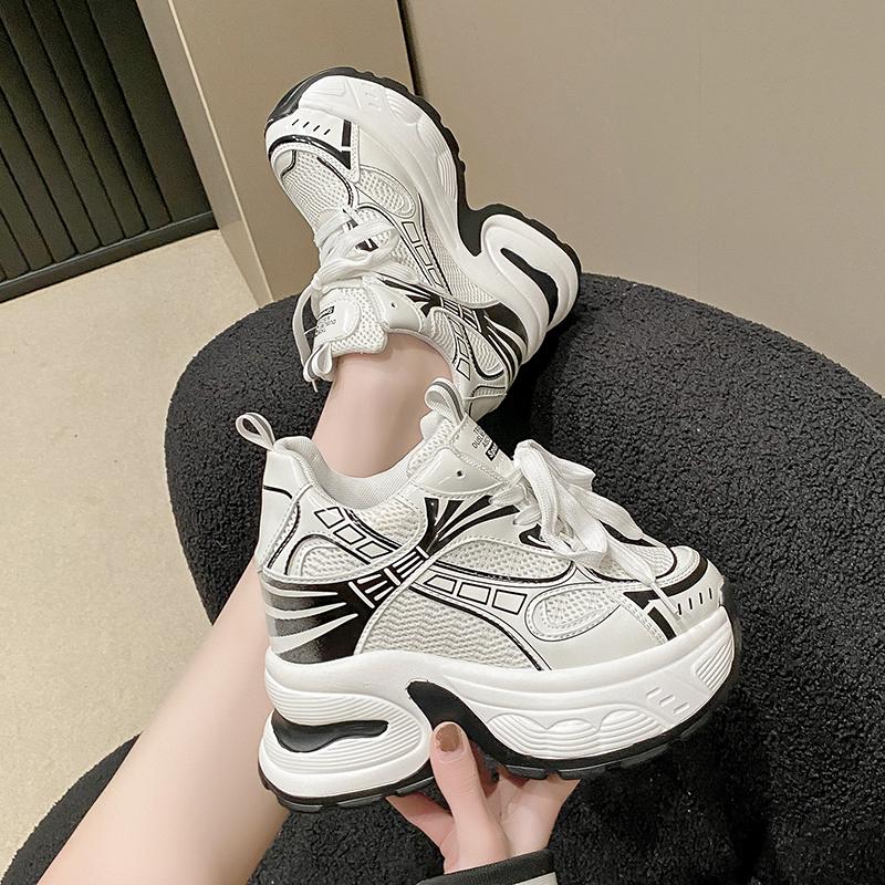 Fashion 10CM Heels Chunky Sneakers Spring Autumn ventilate Women Shoes Comfortable Casual Leather Shoes 2024 Fashion Female Casual Shoes