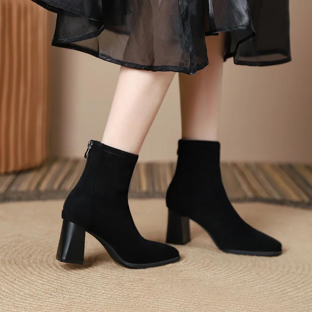 Fashion Women's Boots French Retro Comfort Faux Suede Short Boots Square Toe  Winter New Zipper High Heels Elastic Boots Botas Mujer