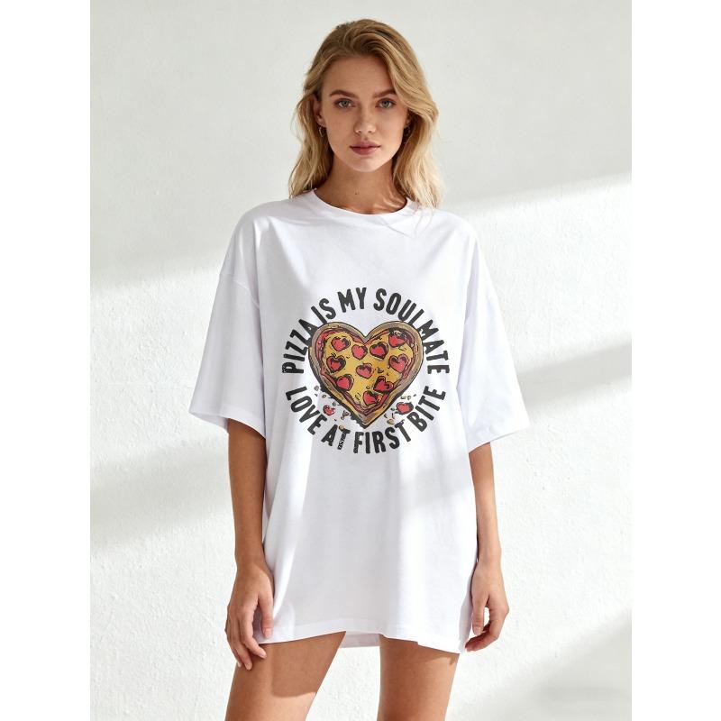 Oversized T Shirt Black Pizza Heart Print With Text Pizza Is My Soulmate Love At First Bite Casual Wear For Women  Summer Outfit Streetwear Fashion