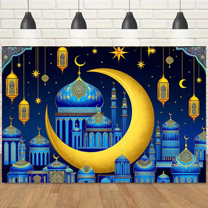 Romantic Night Sky Blue Gold EID Al Adha Background Decor,Crescen,Mosque,lantern,Moon Star Design,Festive Party Celebrations