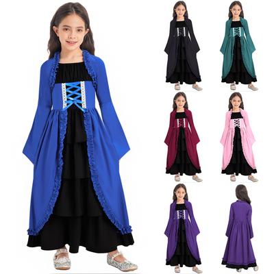 Girls Medieval Renaissance Long Dress Color Contrast Bell Sleeve Layered Ruffles Costume