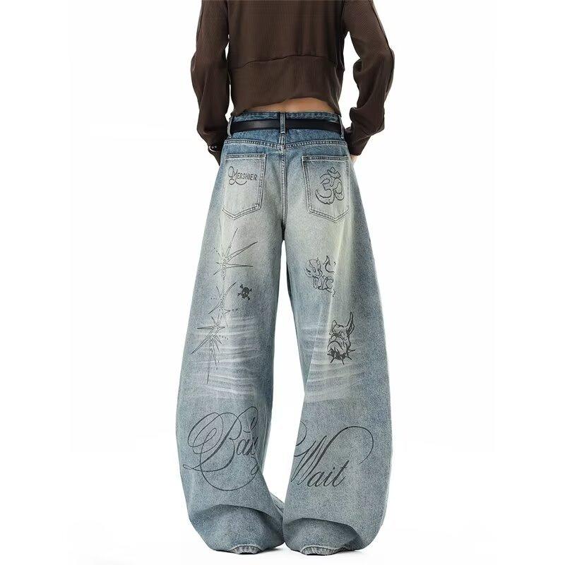 American retro graffiti jeans men's and women's loose straight design wide-leg pants men's trendy brand casual versatile trousers