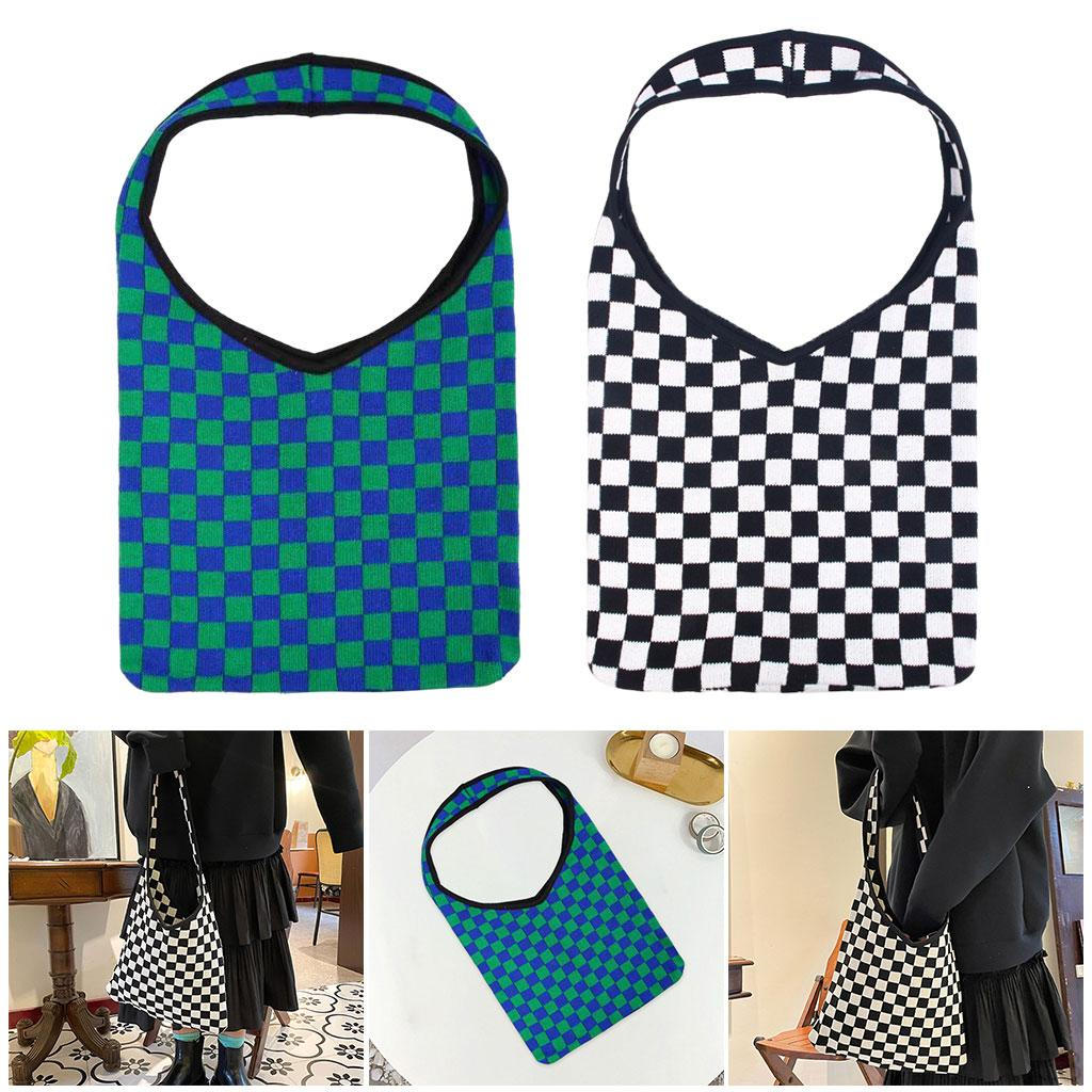 Casual Tote Shopping Bag Large Capacity Chic Checkerboard Pattern Women Knitted Shoulder Handbag
