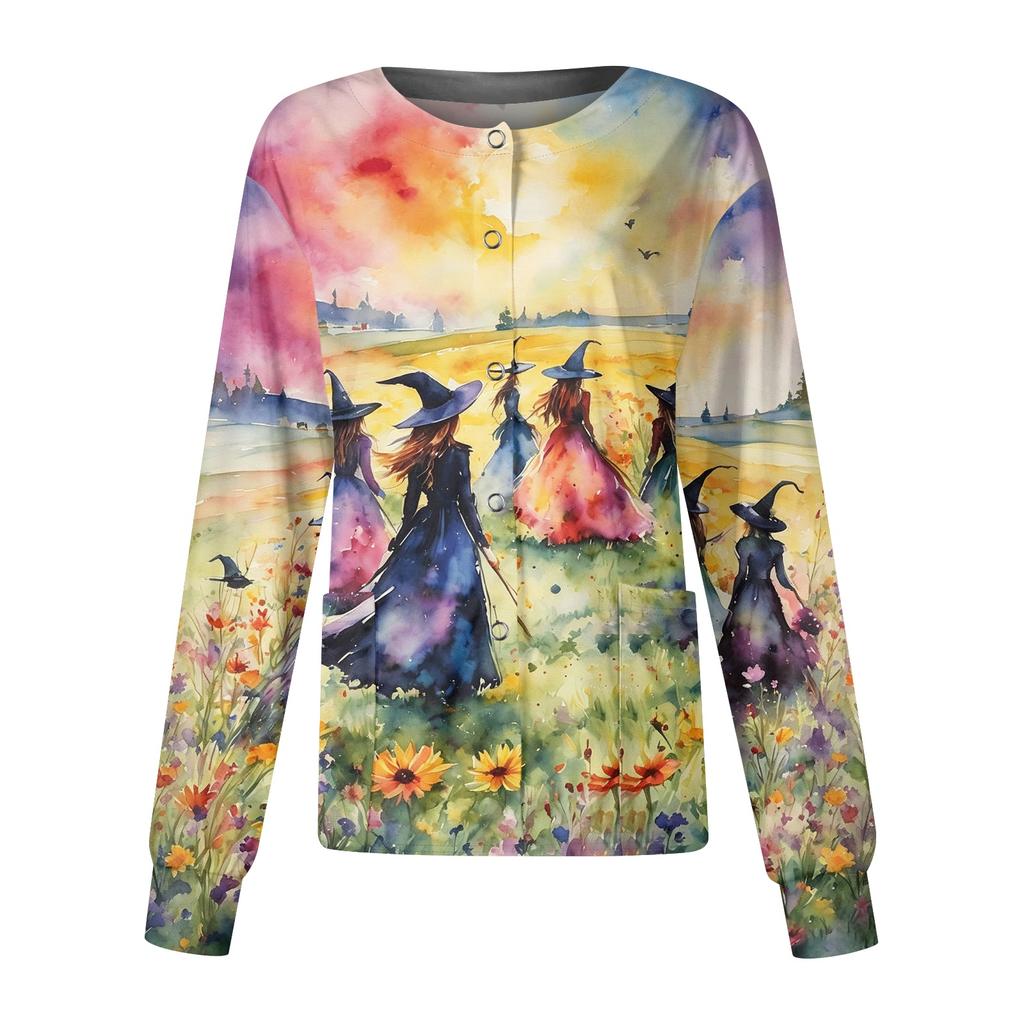 Women's Halloween Printed Long Sleeve Single Breasted Cardigan Top for Costume Party
