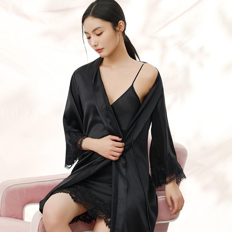 New 100% Mulberry Silk Comfortable and Fashionable Lace High-End Home Wear Sleepwear Women's Silk Nightgown Single Robe