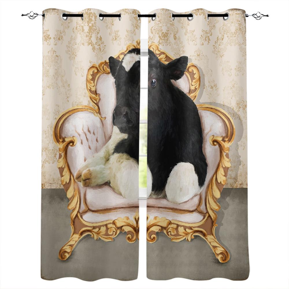 Animal Cow Color Oil Painting Window Curtains Bedroom Kitchen Drapes Panel Curtains for Living Room Christmas Home Decor