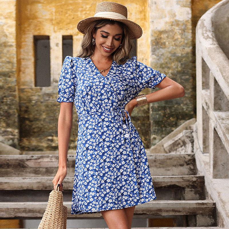 

Summer new floral dress high waist blue slim waist dress S синий