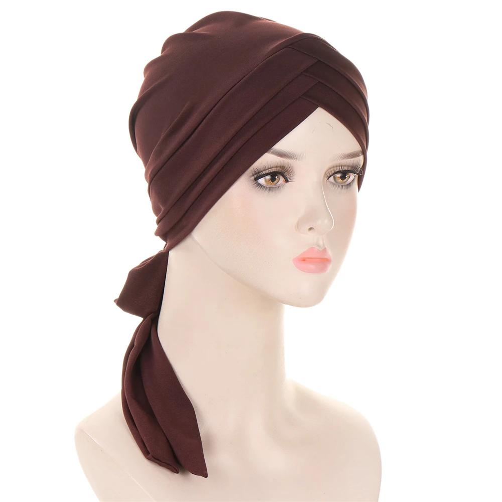 New Muslim Inner Hijab Turban Women Pre-Tied Cap Long Tail Headscarf Wrap Beanies Bonnet Head Scarf Stretch Headwear Ninja Hat