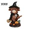 Halloween Highland Cow Decor Figurine, Witch Pumpkin Skull Statue, Resin Scottish And Skeleton Figurine Ornament for Calf Lovers, Shelf, Tiered Tray,