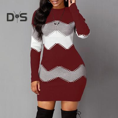 Vestido de otoño-invierno para mujer, elástico, a rayas, a juego, de colores, talla grande, vaina por encima de la rodilla, manga larga, cuello redondo, ajustado, minivestido para mujer