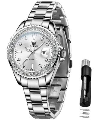 OLEVS Stainless Steel Quartz Watch with Diamond Luminous Easy To 30M Water Gift for White Women's Dial, Display, Read, Resistance, Popular, Cute,