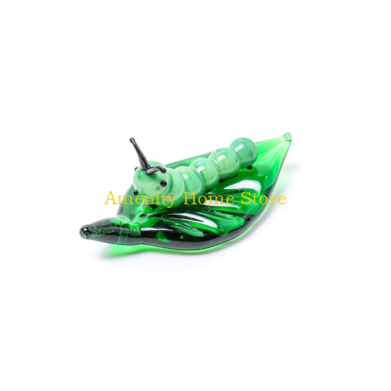 F26C Art Glass Insect Miniature Animals Collection Glass Green Leaf Ladybugs Ants Figurine Tabletop Ornament Home Office Decors
