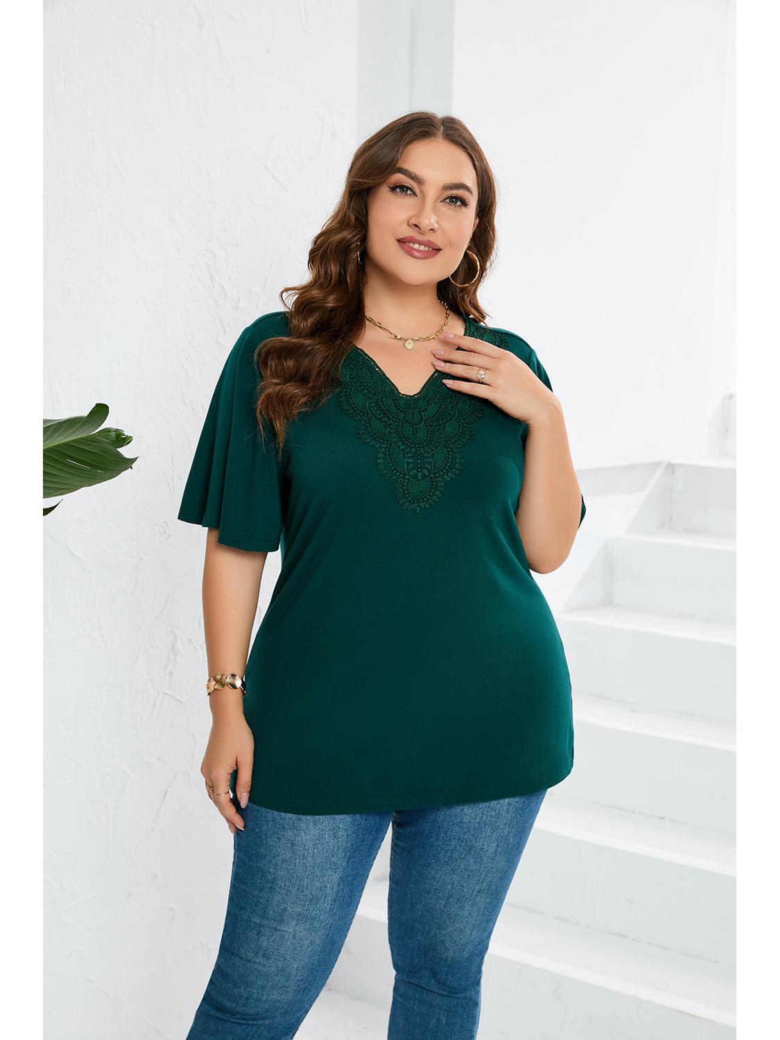 

Женский топ большого размера с кружевной отделкой и расклешенными короткими рукавами, 2023 2XL зелёный