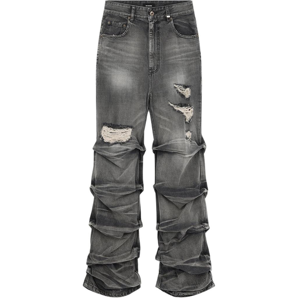 We11done Ss25 Punk Style Pleated Zipper Fly Mid Rise Straight Leg Jeans Men jeans Black WD-DP0-25-319-M-BK