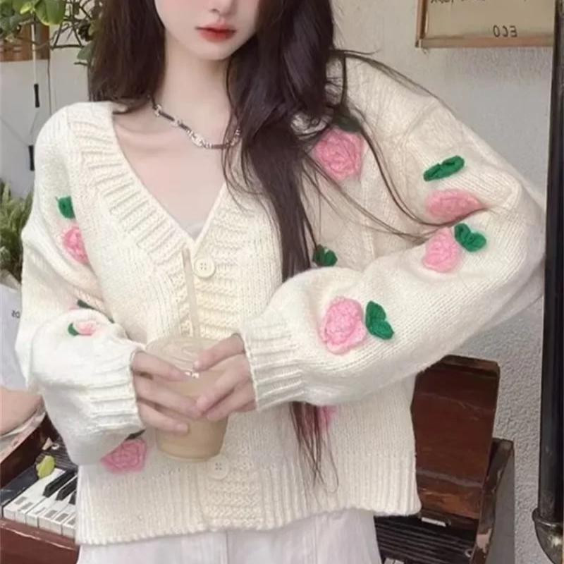 Damen Strickjacken Herbst Übergroß Grobstrick 3D Blume Offene Vorderseite Strickpullover Süße Trendige Strickjacken für Damen