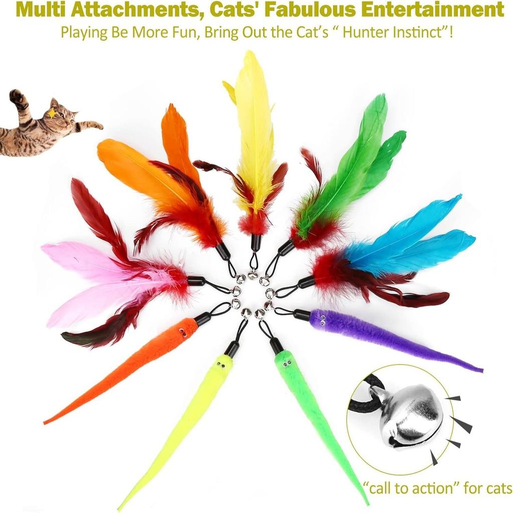11 Pack Retractable Fishing Rod Funny Cat Stick Pet Caterpillar Feather Replacement Head Cat Toys Interactive Pet Products