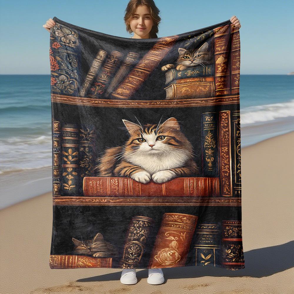 1PC Bookshelf, catsOutdoor Flannel Blanket - Soft Plush Decor for Picnics, Camping, Bedroom, Playroom, Office, or Lunch Break 1291A