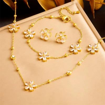 Einfaches Neues Vergoldetes Edelstahl Blumen Braut Set Halskette Armband Ohrring Set Geeignet Für Hochzeitsfeier Geschenke