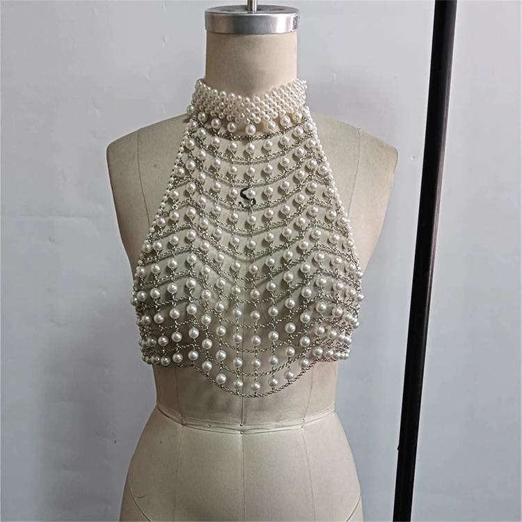 Sex02 Sexy Exaggerated Pearl Fringe Body Jewelry Engagement New Trendy Hot Fashion Luxury Street Style Bra Top Necklace for Gift
