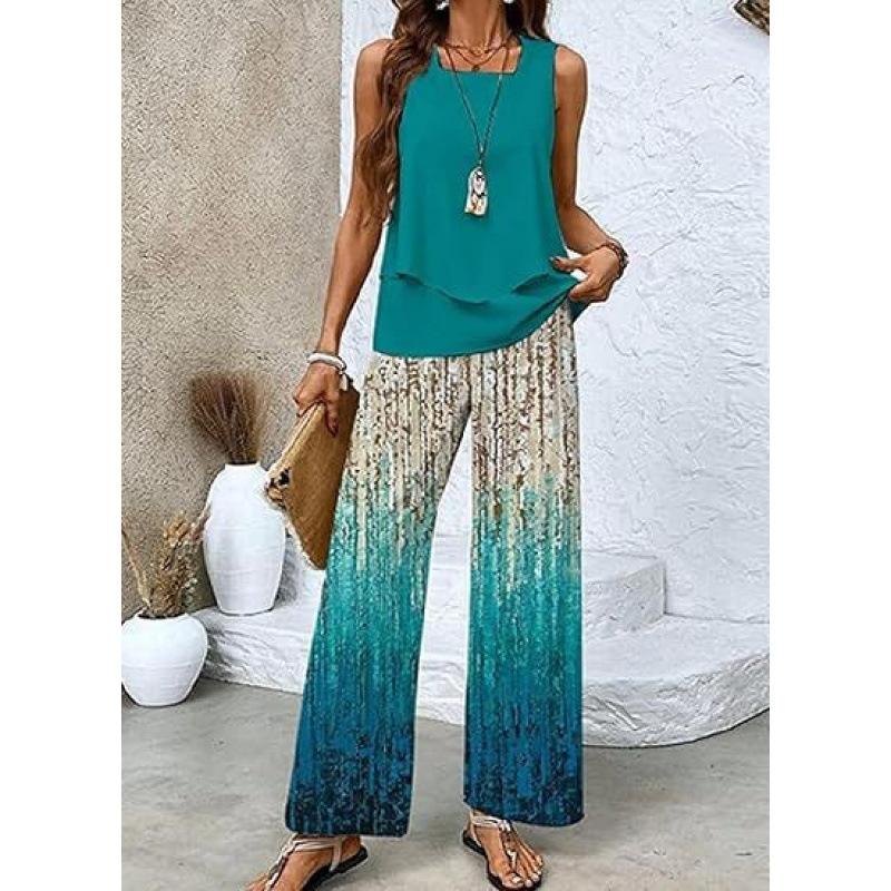 Women's Loose Fit Two Piece Outfit Sleeveless Tank Top High Waist Wide Leg Pants Set With 3D Abstract Print For Casual Summer Daily Wear