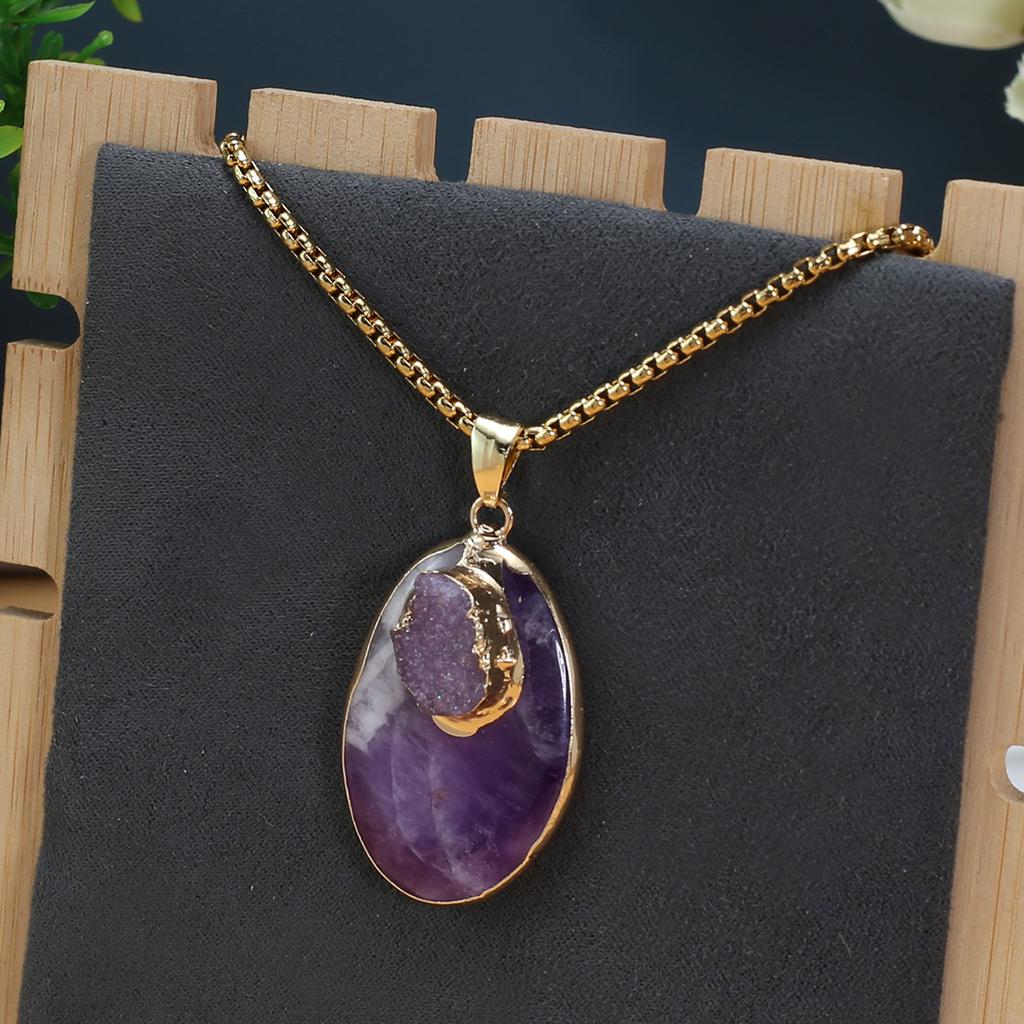 Dámský náhrdelník z přírodního kamene Růžový/Ametyst/Fluorit Náhrdelník s přívěskem na narozeninové dárkové řetízky 60 cm
