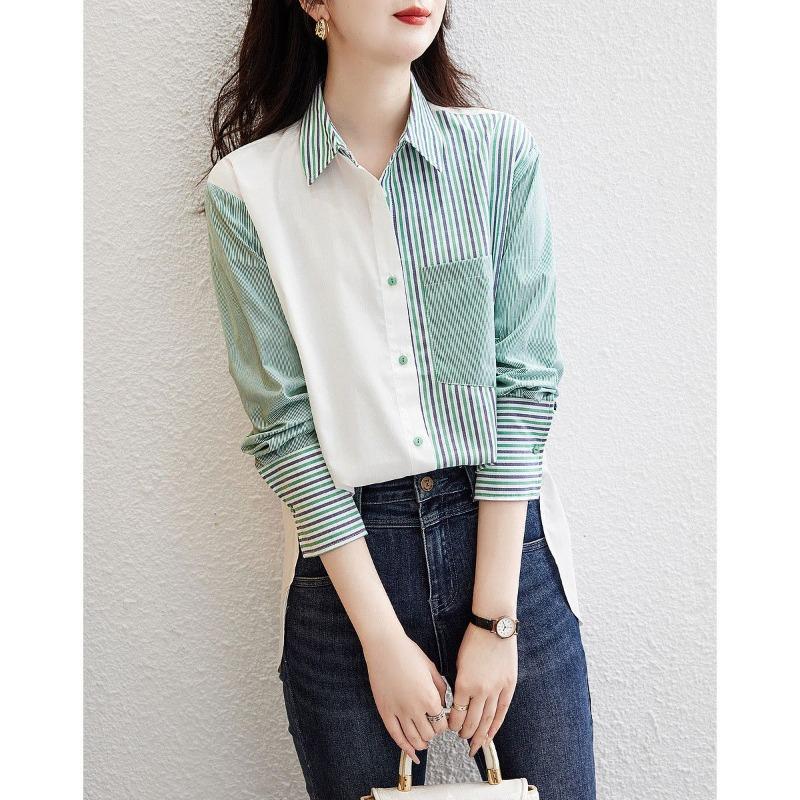 Women Patchwork Vertical Striped Loose Long Sleeve Shirt