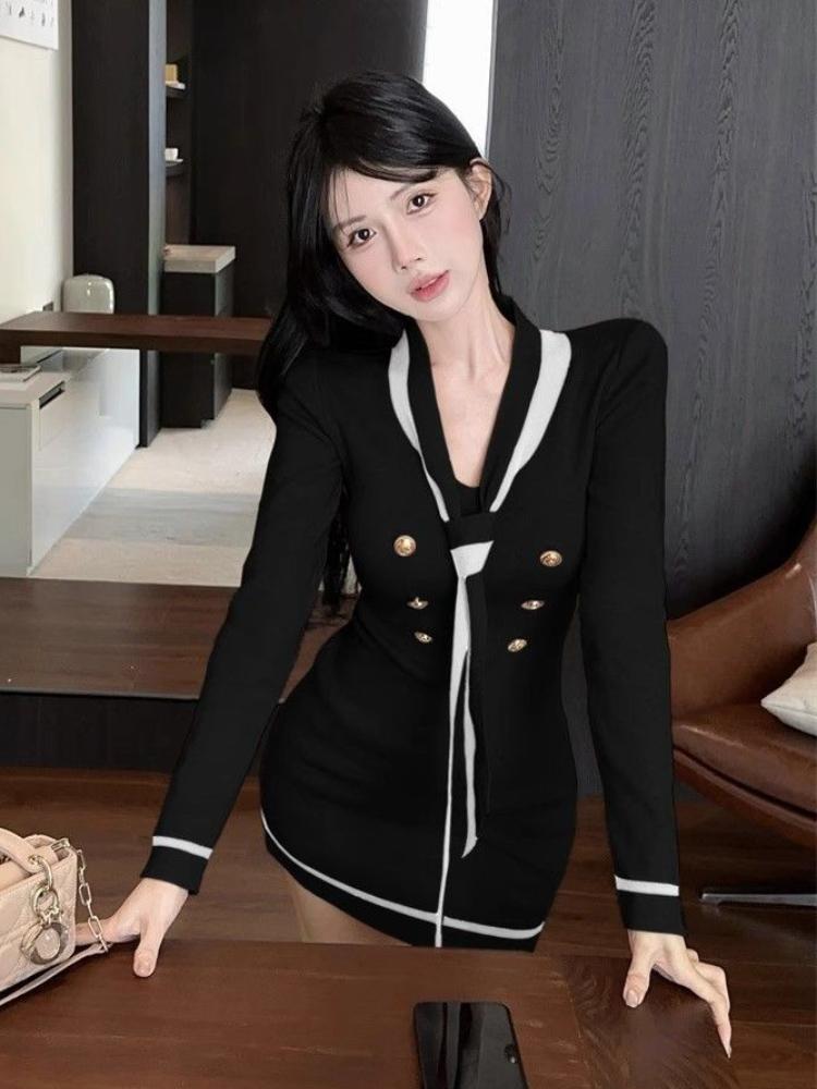 France Autumn Sexy Knit One Piece Dress Women V-neck Elegant Y2k Slim Dresses Female Korean Fashion Party Sweater Dress Winter