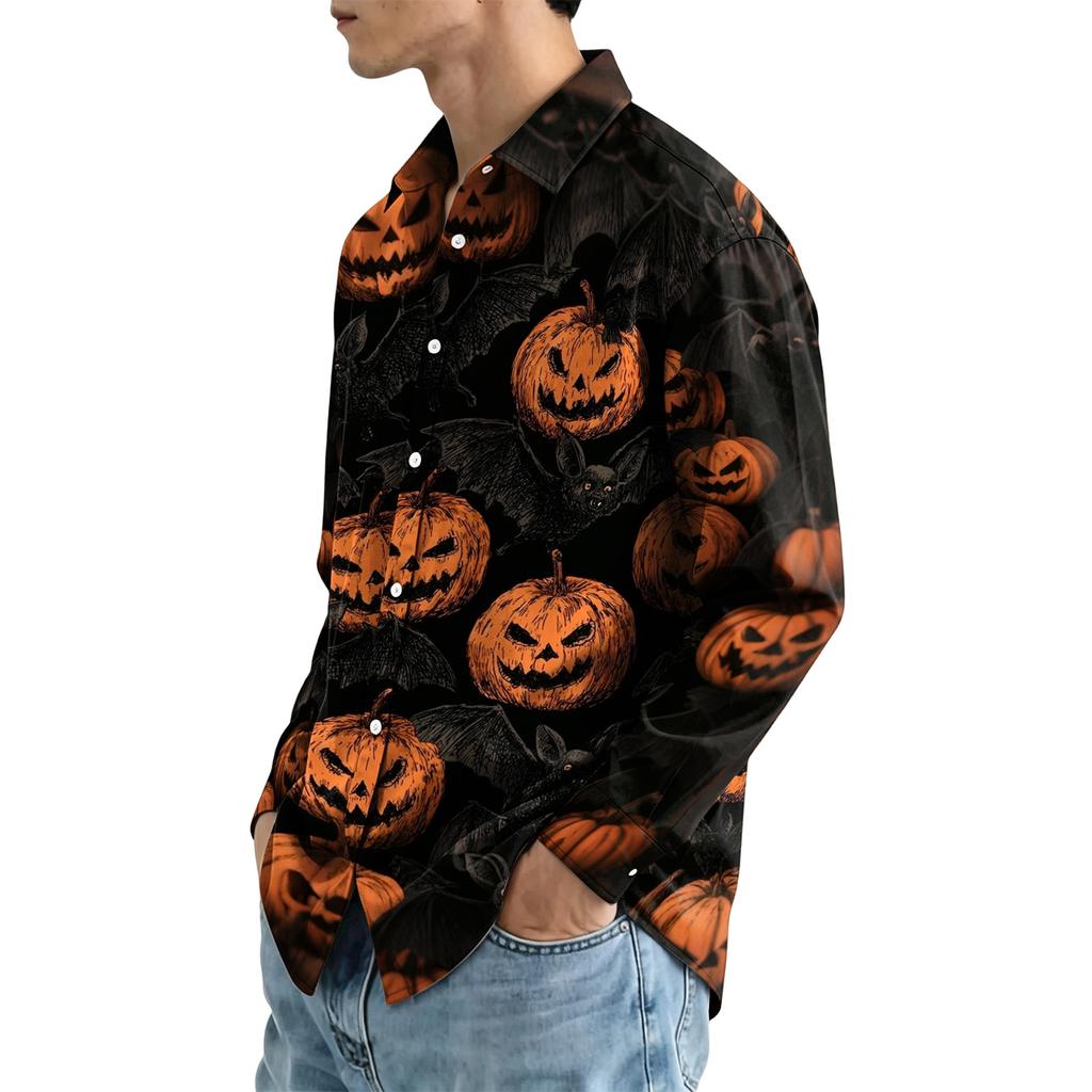 Men's Long Sleeve Button Down Shirt with Halloween Print for Costume Party
