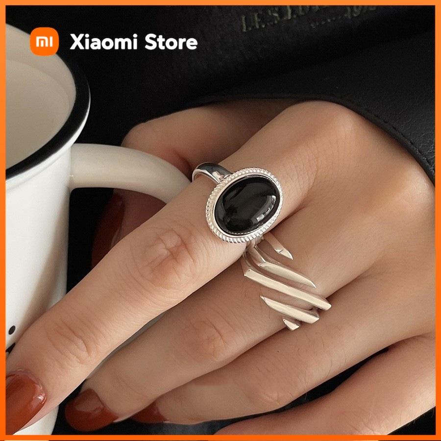 Xiaomi 925 Sterling Silver Geometric Black Stone Rings For Women Men Simple Korean Fashion Open Adjustable Handmade Ring Couple Gifts