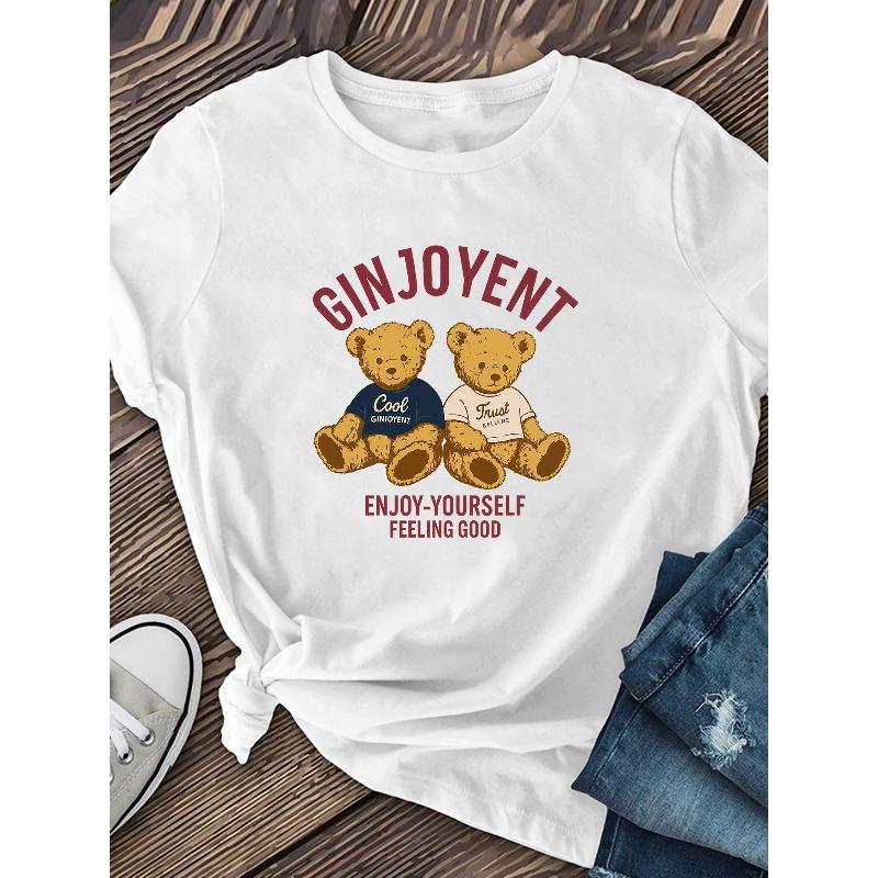European Size "Happy and Carefree Enjoyment" Printed Little Bear Short-sleeved Shirt, Made of Soft and Breathable Polyester Fiber