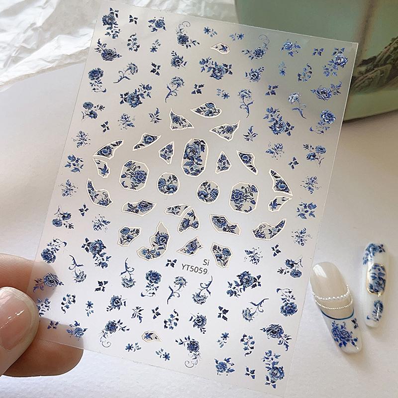 Blue White Porcelain Chinese Style Sticker 3D Self Adhesive Nail Art Sticker Flower Silverback Adhesive Manicure Decal Salon DIY