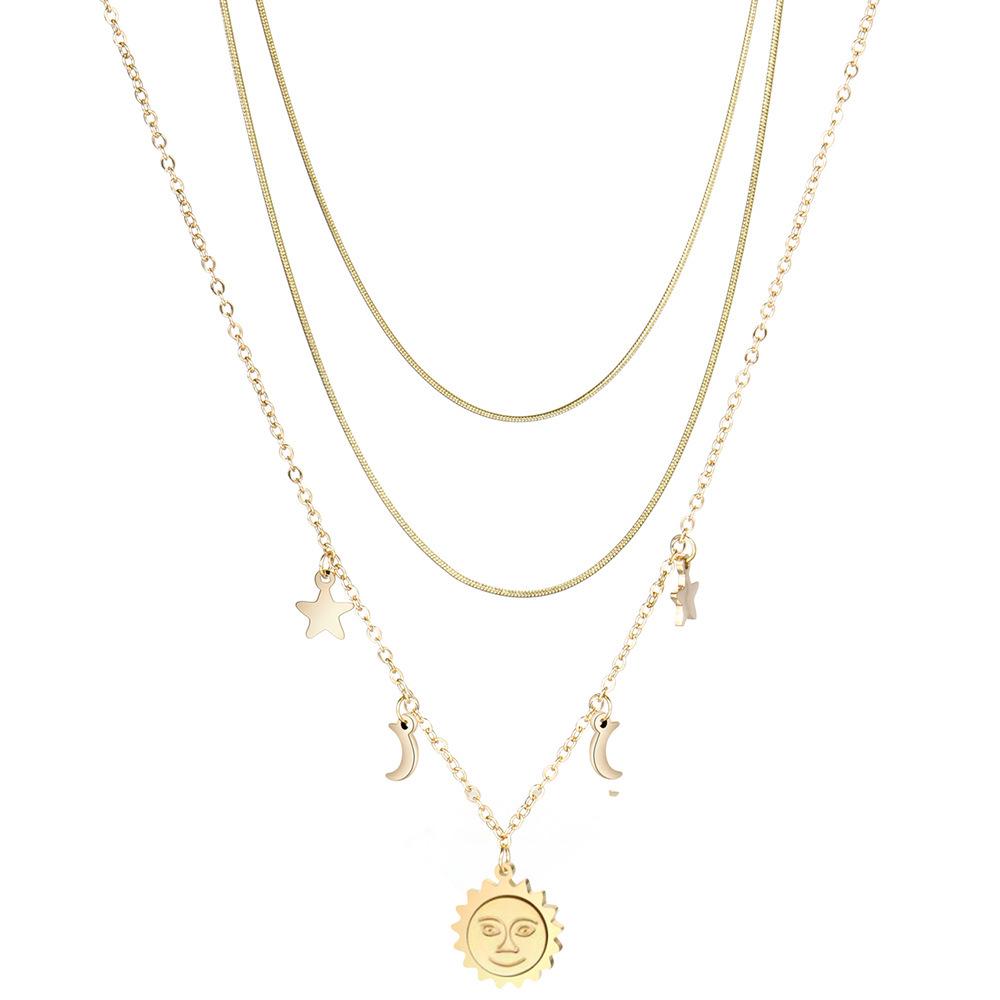 Sun Moon Stars Double Layer Titanium Steel Necklace - Versatile Stackable Clavicle Chain for Women
