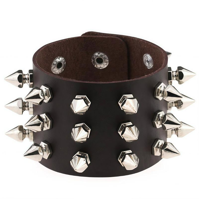 

Harajuku Punk Exaggerated Leopard Print PU Leather Bracelet Tapered Pointed Rivets Three-row Bracelet Bracelet темно-коричневого кольору