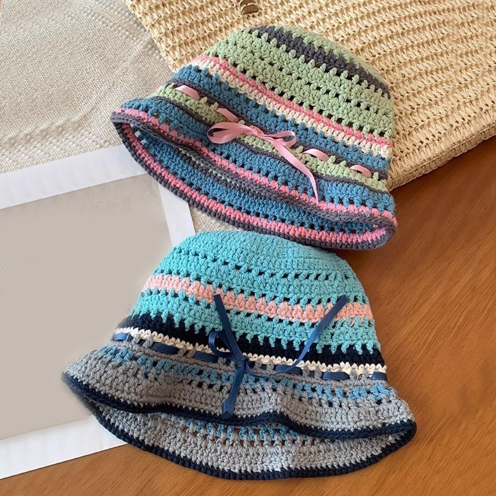 Handmade Knitted Bucket Hats Bow Ribbon Weave Hats Versatile Hollow Basin Cap  Streetwear